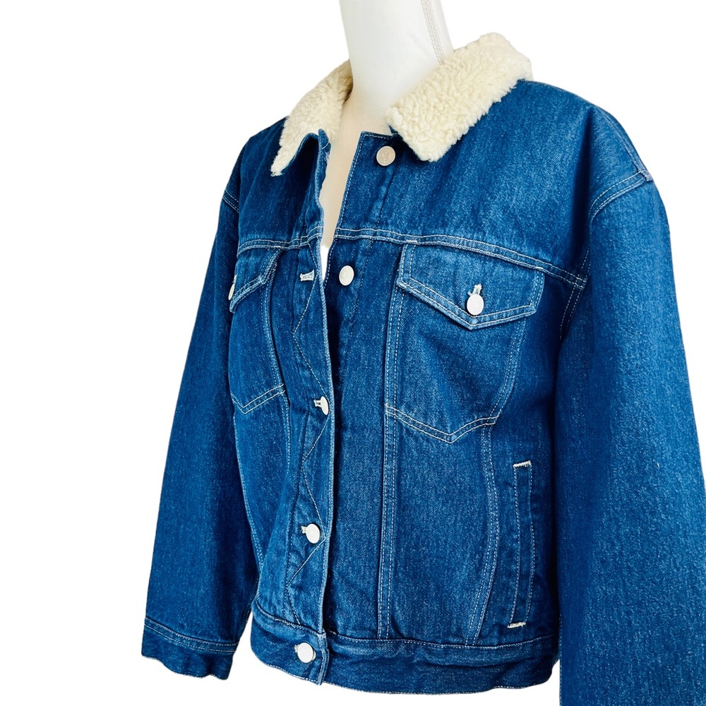MADEWELL Blue Oversized Trucker Jean Denim Jacket Sherpa Lined Cropped XL NWT - Picture 6 of 15